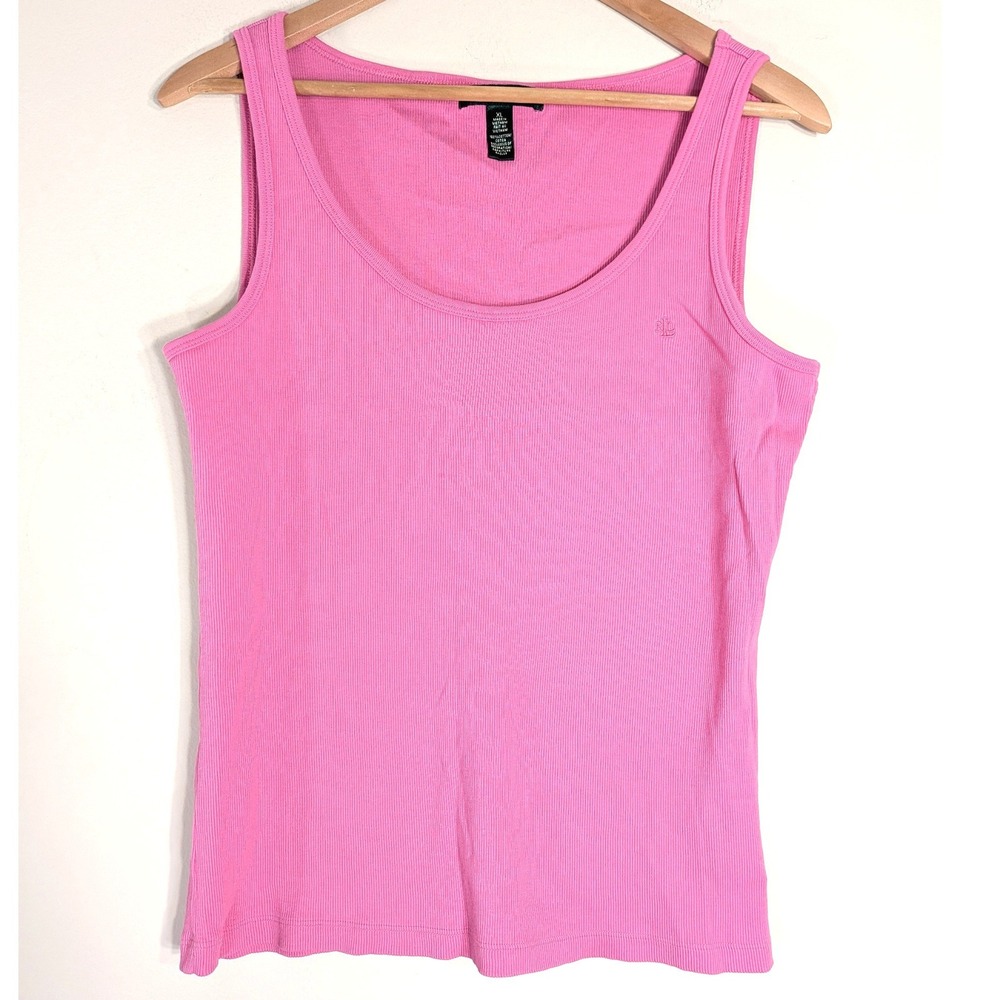 Lauren Ralph Lauren Pink Tank Top; Ribbed Cotton Scoop Neck Sleeveless XL